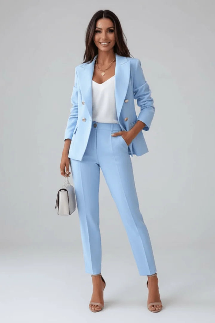 Light Blue Women's Double-Breasted Blazer Pants Suit — Lucia Tailored Office Professional - Front Full