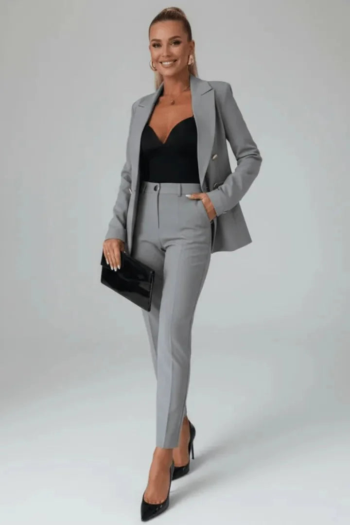 Gray Women's Double-Breasted Blazer Set — Paloma Tailored Professional Gold Button - Front Sleek