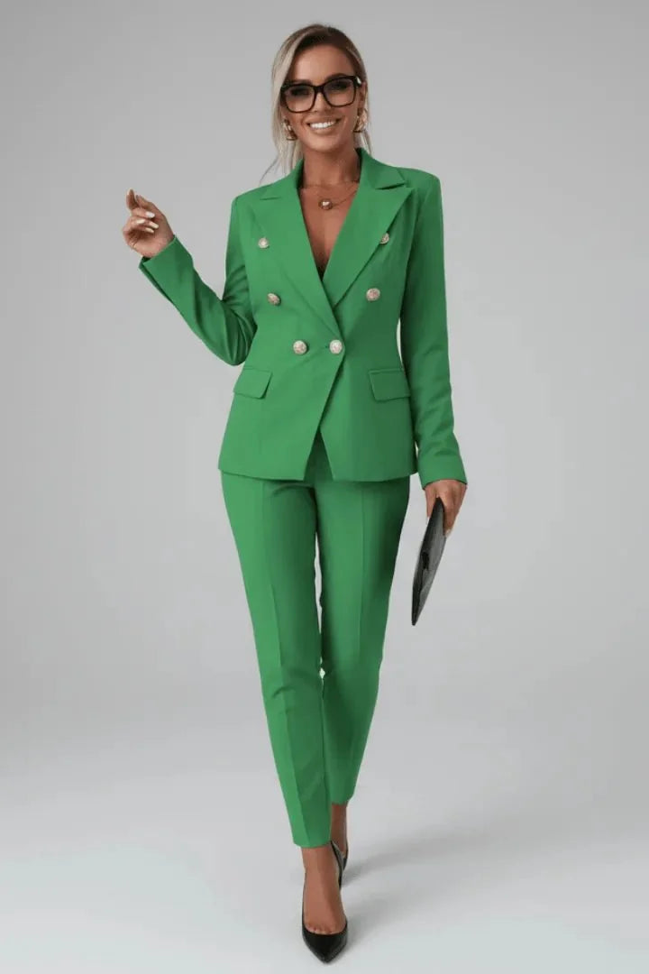 Green Women's Double-Breasted Blazer Set — Paloma Tailored Professional Gold Button - Front Confident