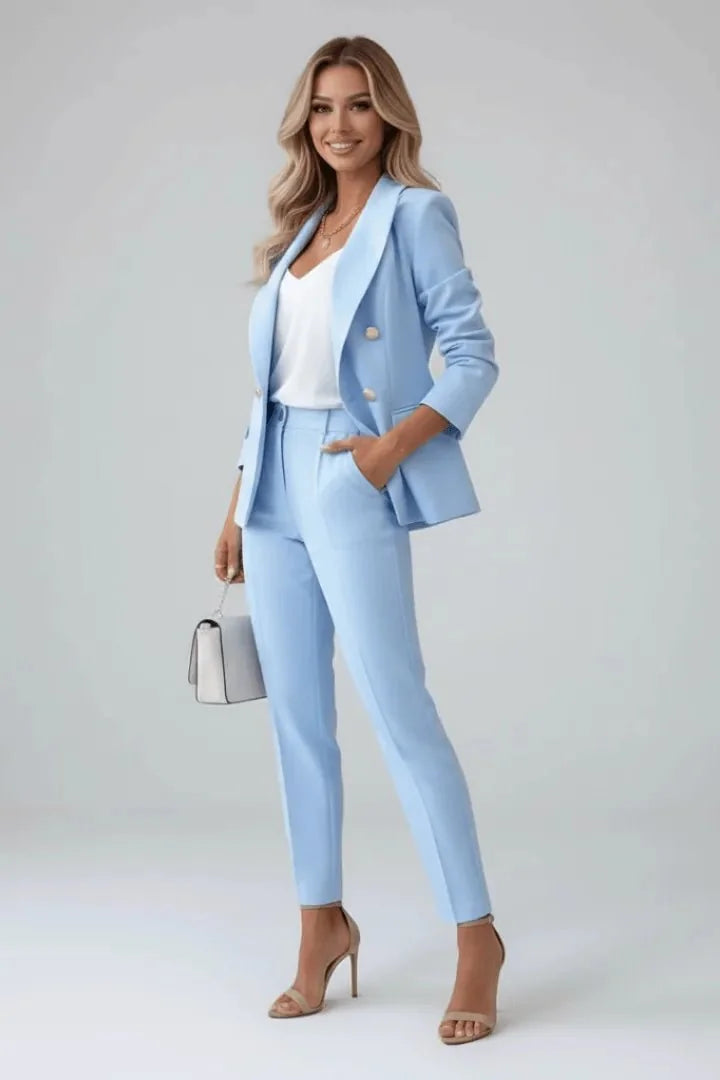 Light Blue Women's Double-Breasted Blazer Set — Paloma Tailored Professional Gold Button - Front Angled