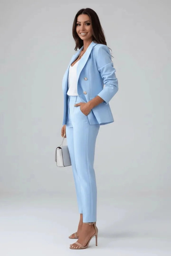 Light Blue Women's Double-Breasted Blazer Set — Paloma Tailored Professional Gold Button - Side Pose
