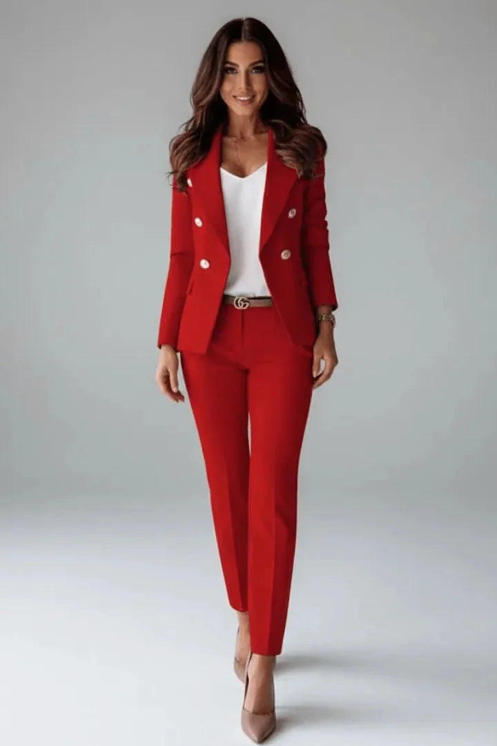 Red Women's Double-Breasted Blazer Set — Paloma Tailored Professional Gold Button - Front Bold