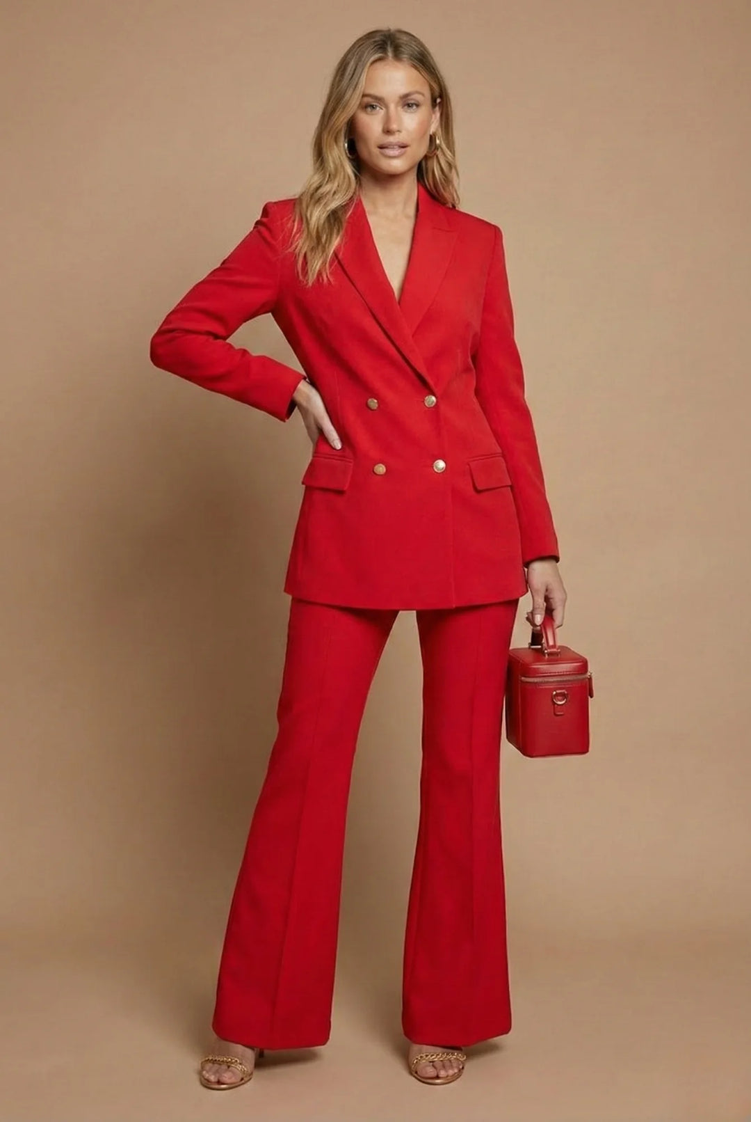 Red Women's Double Breasted Blazer Suit — Nicole Flared Pants Two Piece - Front Pose