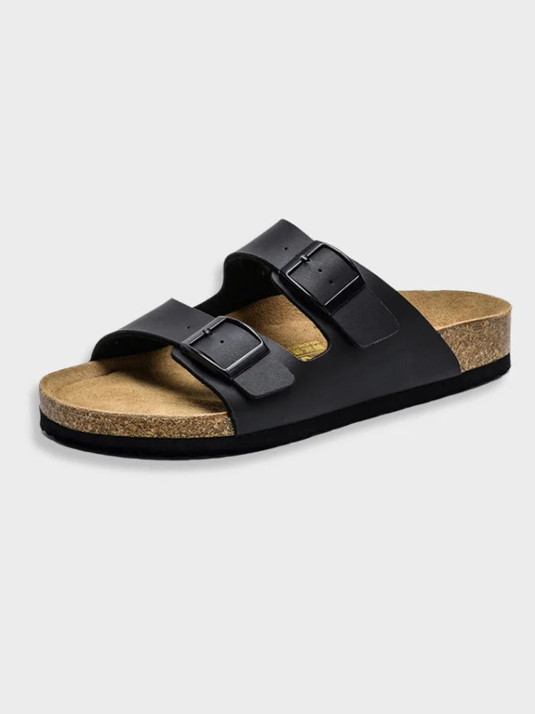 Black Men's Double Strap Sandals — Connor Buckle Cork Footbed Slide - Side Profile