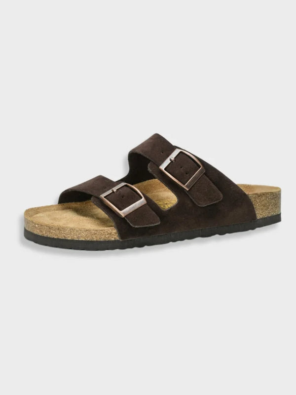 Brown Men's Double Strap Sandals — Connor Buckle Cork Footbed Slide - Side Full