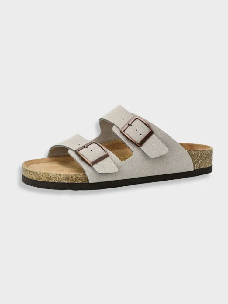 Grey Men's Double Strap Sandals — Connor Buckle Cork Footbed Slide - Side Detail