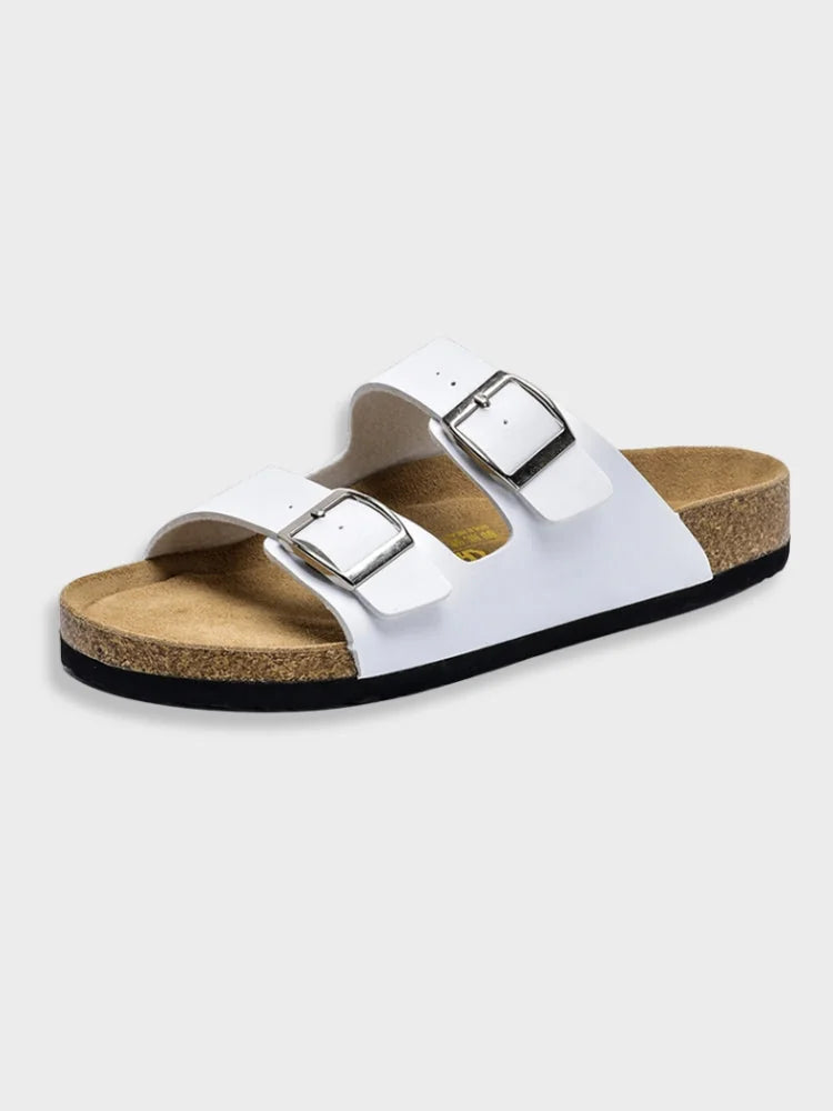 White Men's Double Strap Sandals — Connor Buckle Cork Footbed Slide - Front Angle