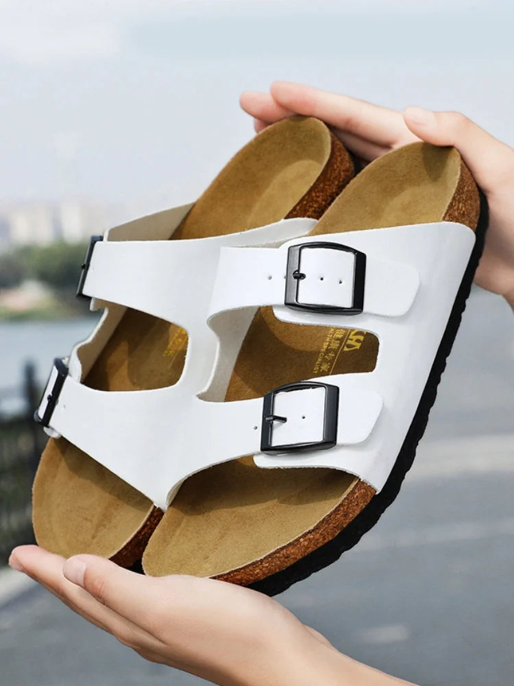 White Men's Double Strap Sandals — Connor Buckle Cork Footbed Slide - In Hand Lifestyle