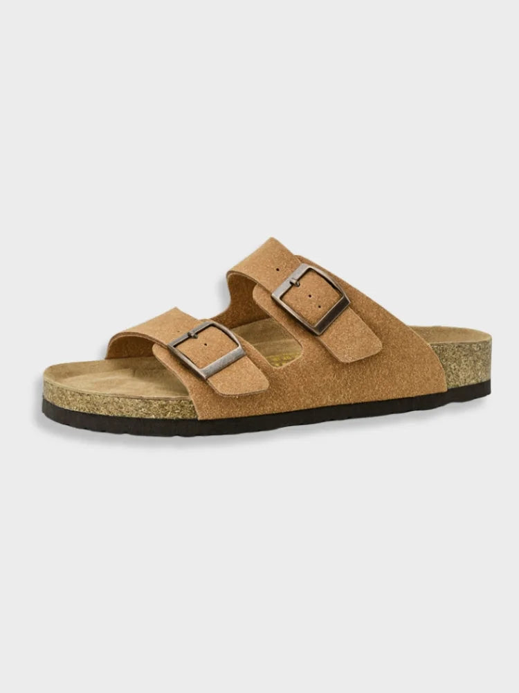 Yellow Men's Double Strap Sandals — Connor Buckle Cork Footbed Slide - Side View