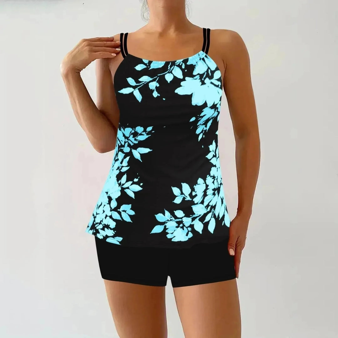 Harriet | Stylish Double Strap Floral Tankini Set - Turquoise - 2