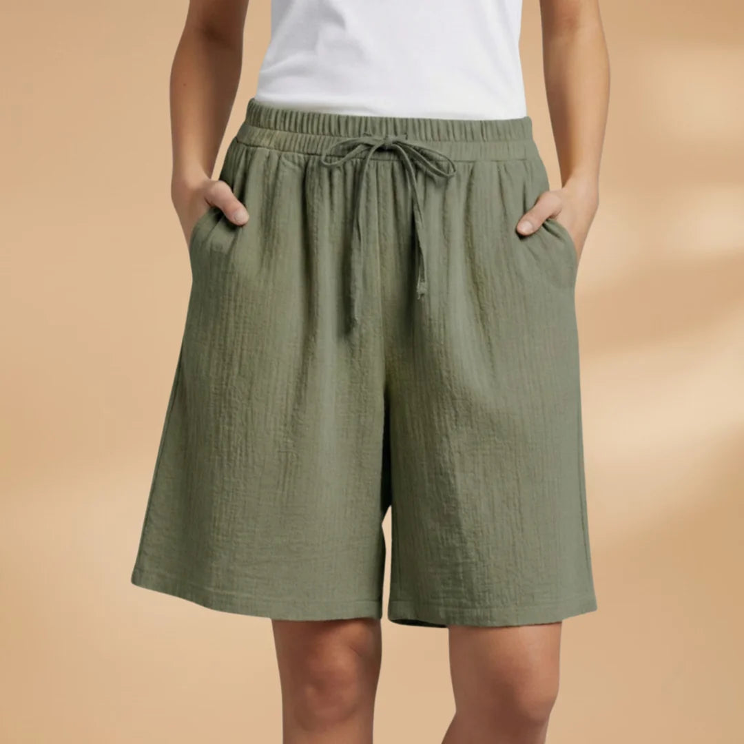 Army Women's Knee-Length Shorts — Gigi Drawstring Elastic Waistband Relaxed - Green Front Worn