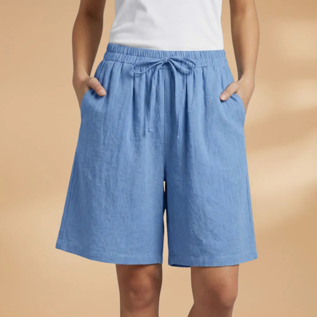 Blue Women's Knee-Length Shorts — Gigi Drawstring Elastic Waistband Relaxed - Front Relaxed