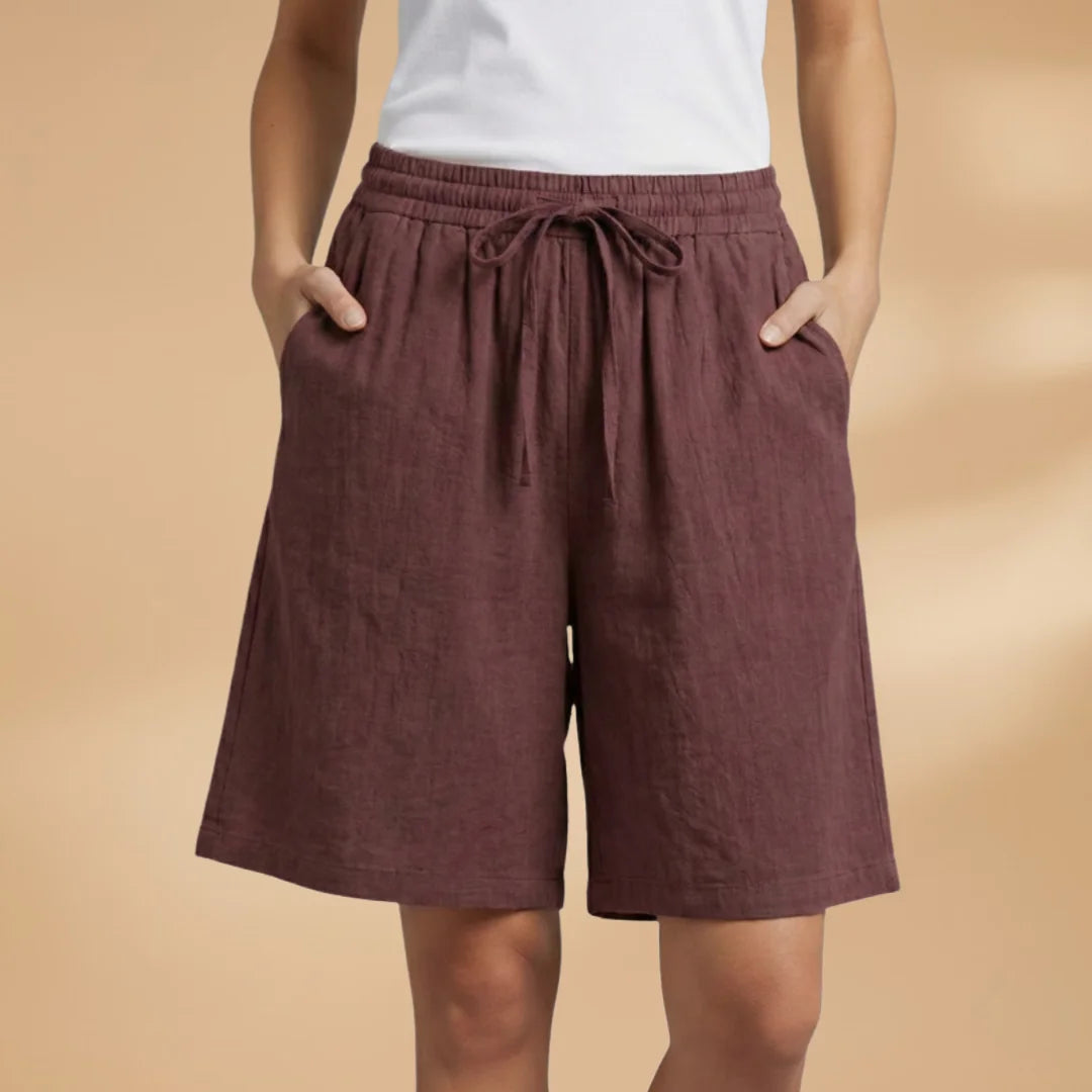 Brown Women's Knee-Length Shorts — Gigi Drawstring Elastic Waistband Relaxed - Front Posed