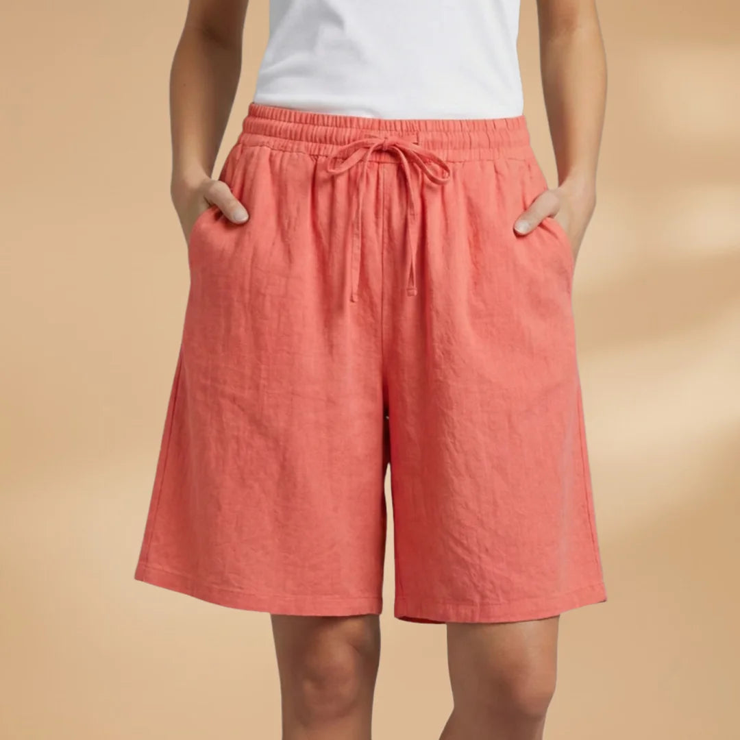 Coral Women's Knee-Length Shorts — Gigi Drawstring Elastic Waistband Relaxed - Red Front Lifestyle