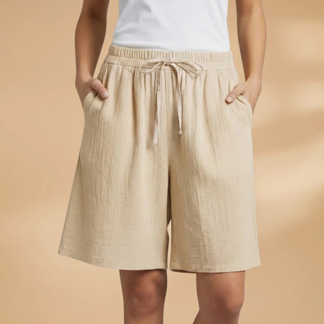 Khaki Women's Knee-Length Shorts — Gigi Drawstring Elastic Waistband Relaxed - Front Neutral
