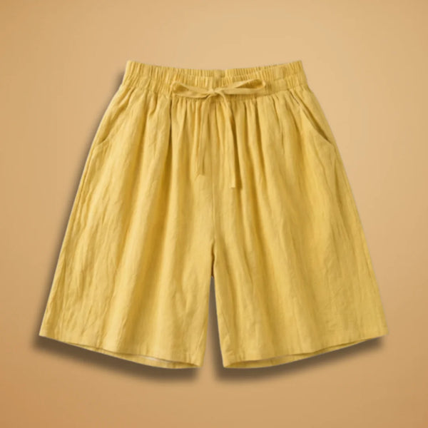 Yellow Women's Knee-Length Shorts — Gigi Drawstring Elastic Waistband Relaxed - Front Flat Lay