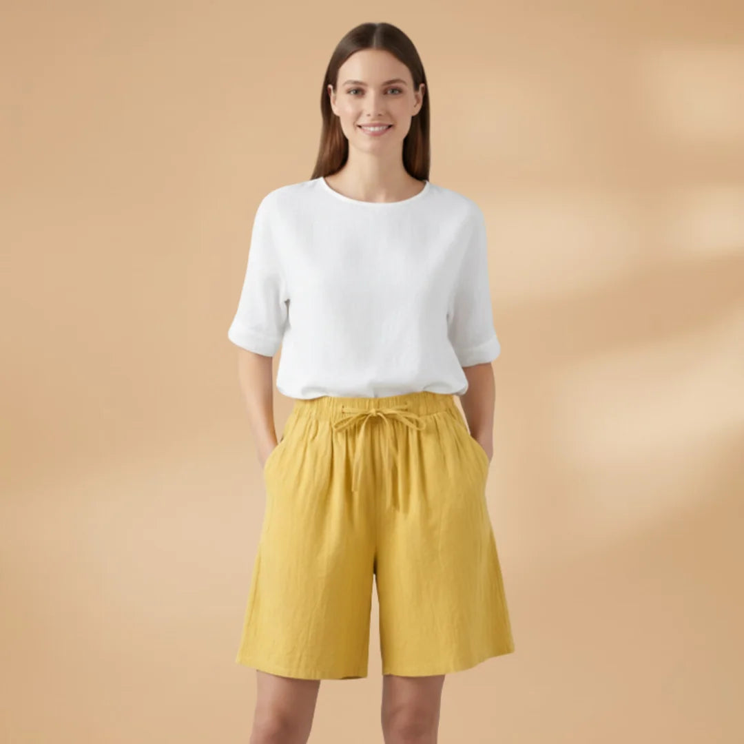 Yellow Women's Knee-Length Shorts — Gigi Drawstring Elastic Waistband Relaxed - Front Full