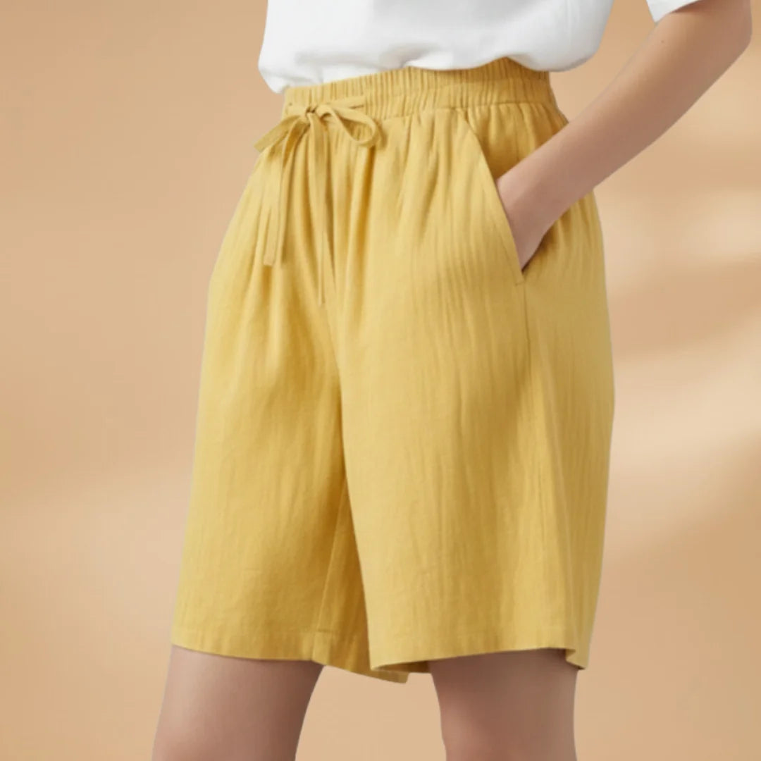 Yellow Women's Knee-Length Shorts — Gigi Drawstring Elastic Waistband Relaxed - Side Detail