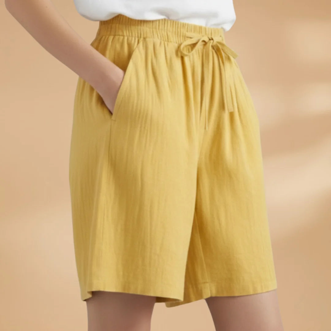 Yellow Women's Knee-Length Shorts — Gigi Drawstring Elastic Waistband Relaxed - Side Pose