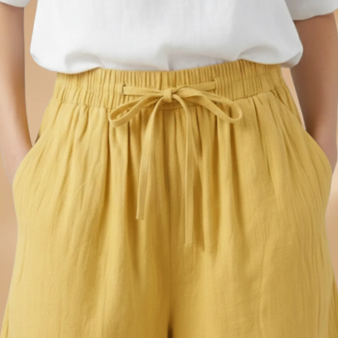 Yellow Women's Knee-Length Shorts — Gigi Drawstring Elastic Waistband Relaxed - Waistband Detail