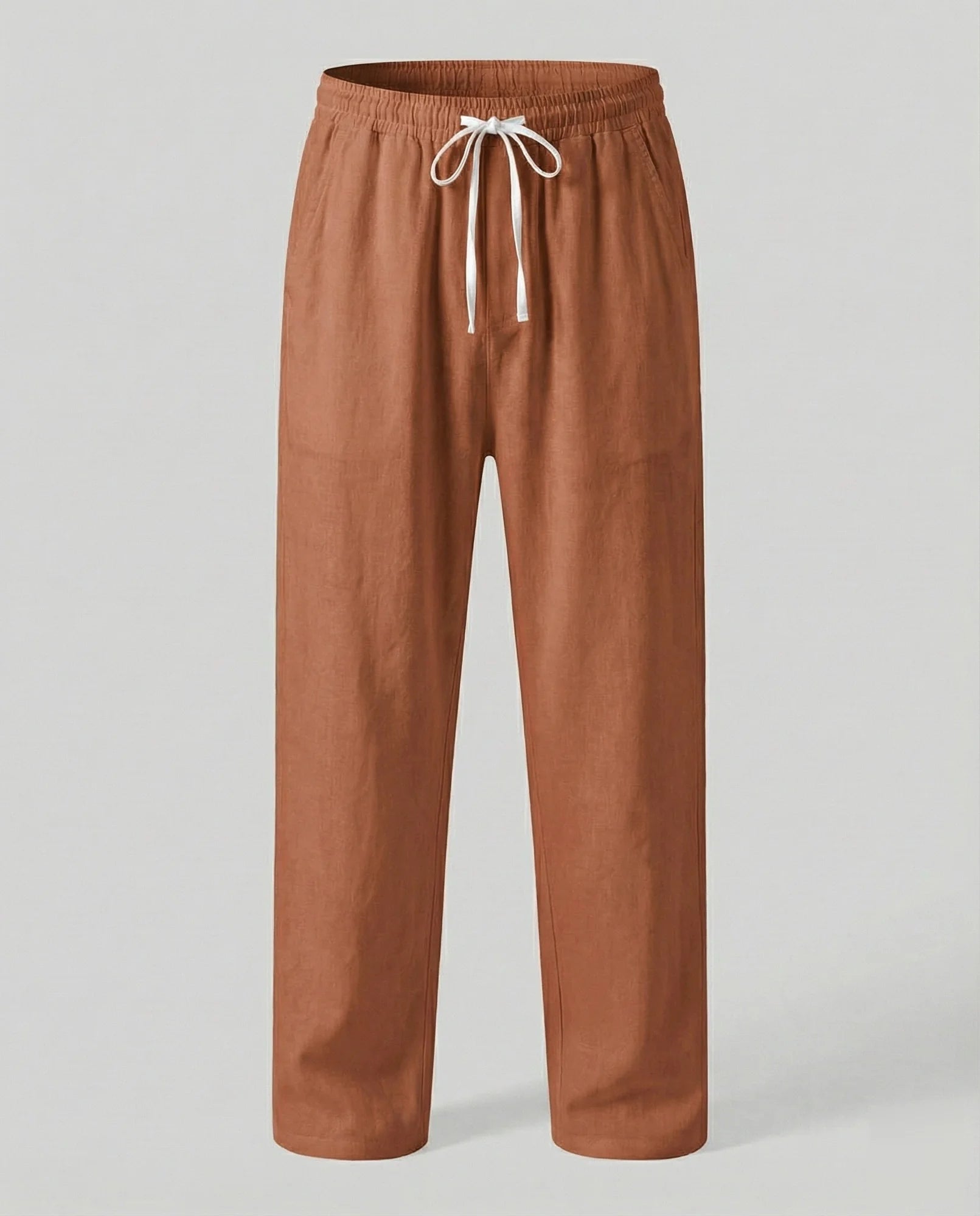 Brown Men's Linen Pants with Drawstring Waist - Flat Style