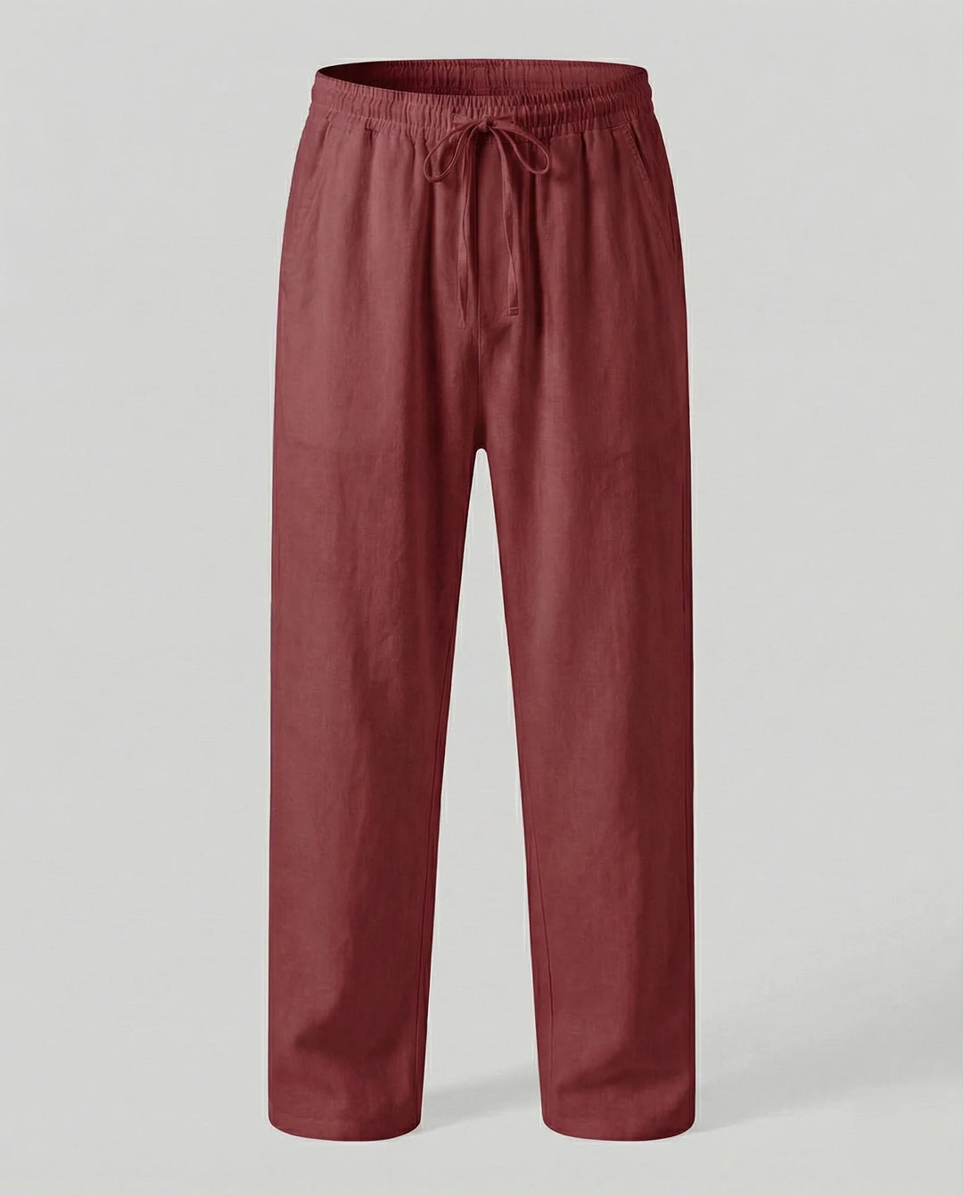 Burgundy Men's Linen Pants with Drawstring Waist - Flat Display