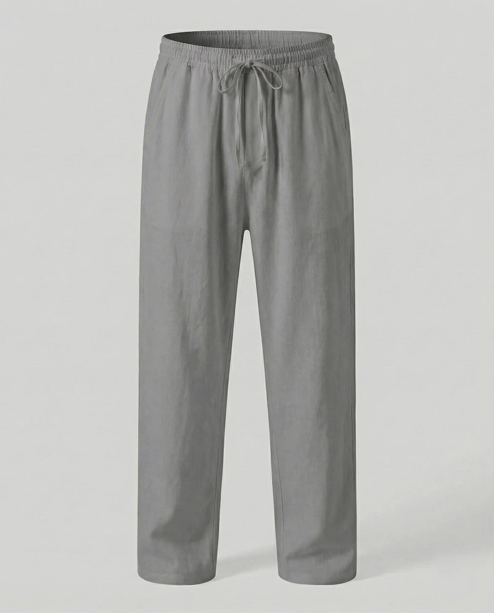 Gray Men's Linen Pants with Drawstring Waist - Product Flat