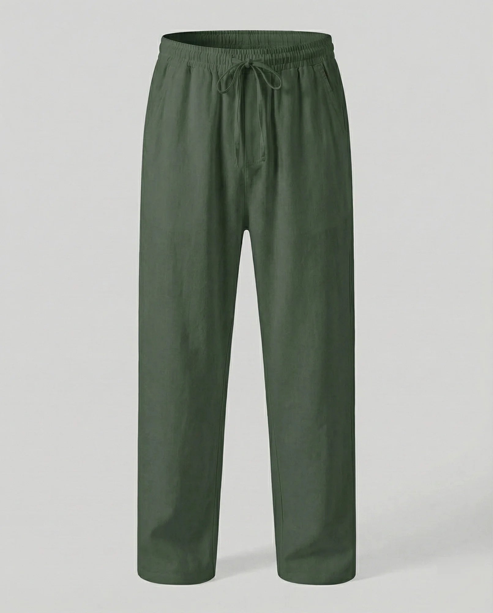 Green Men's Linen Pants with Drawstring Waist - Product Display