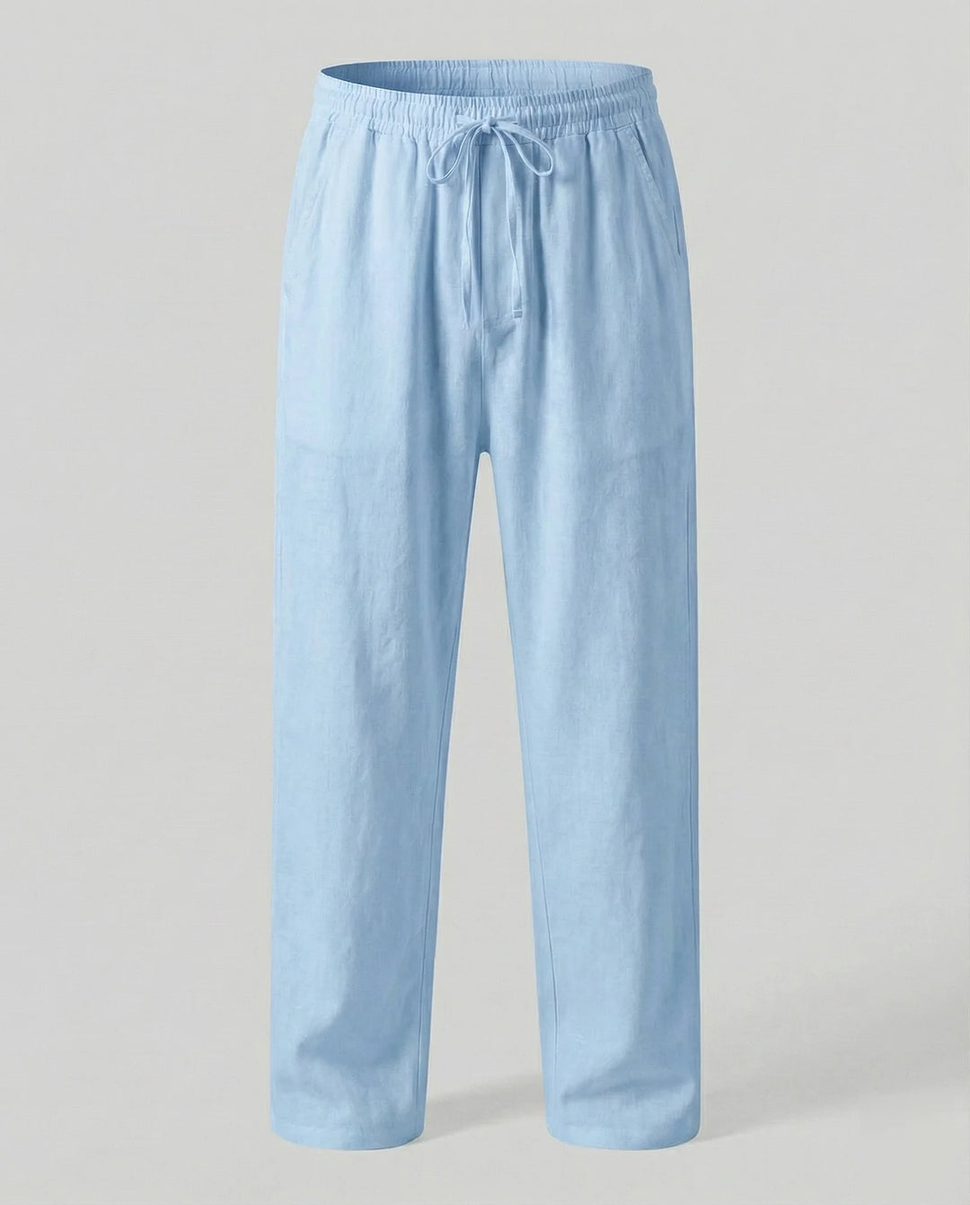 Light Blue Men's Linen Pants with Drawstring Waist - Flat Showcase
