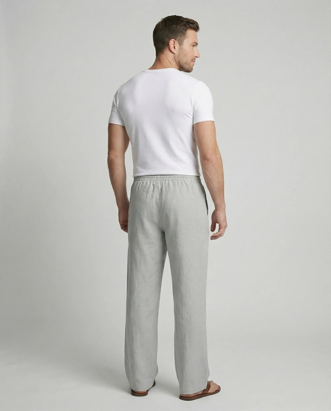 Light Gray Men's Linen Pants with Drawstring Waist - Back Full