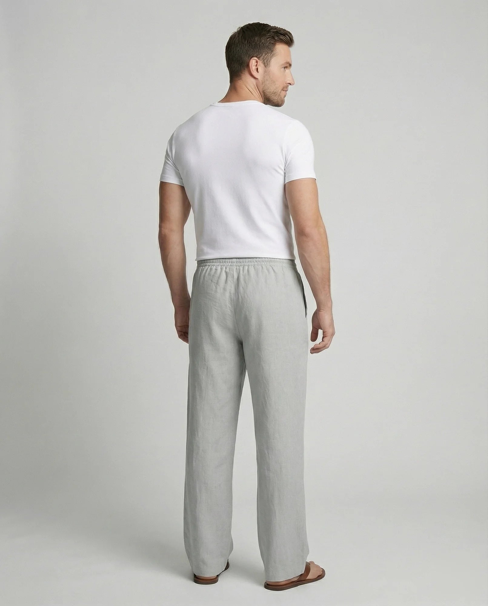 Light Gray Men's Linen Pants with Drawstring Waist - Back Full