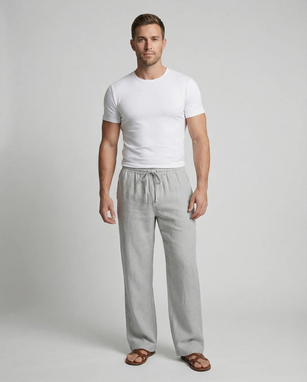 Light Gray Men's Linen Pants with Drawstring Waist - Front Full