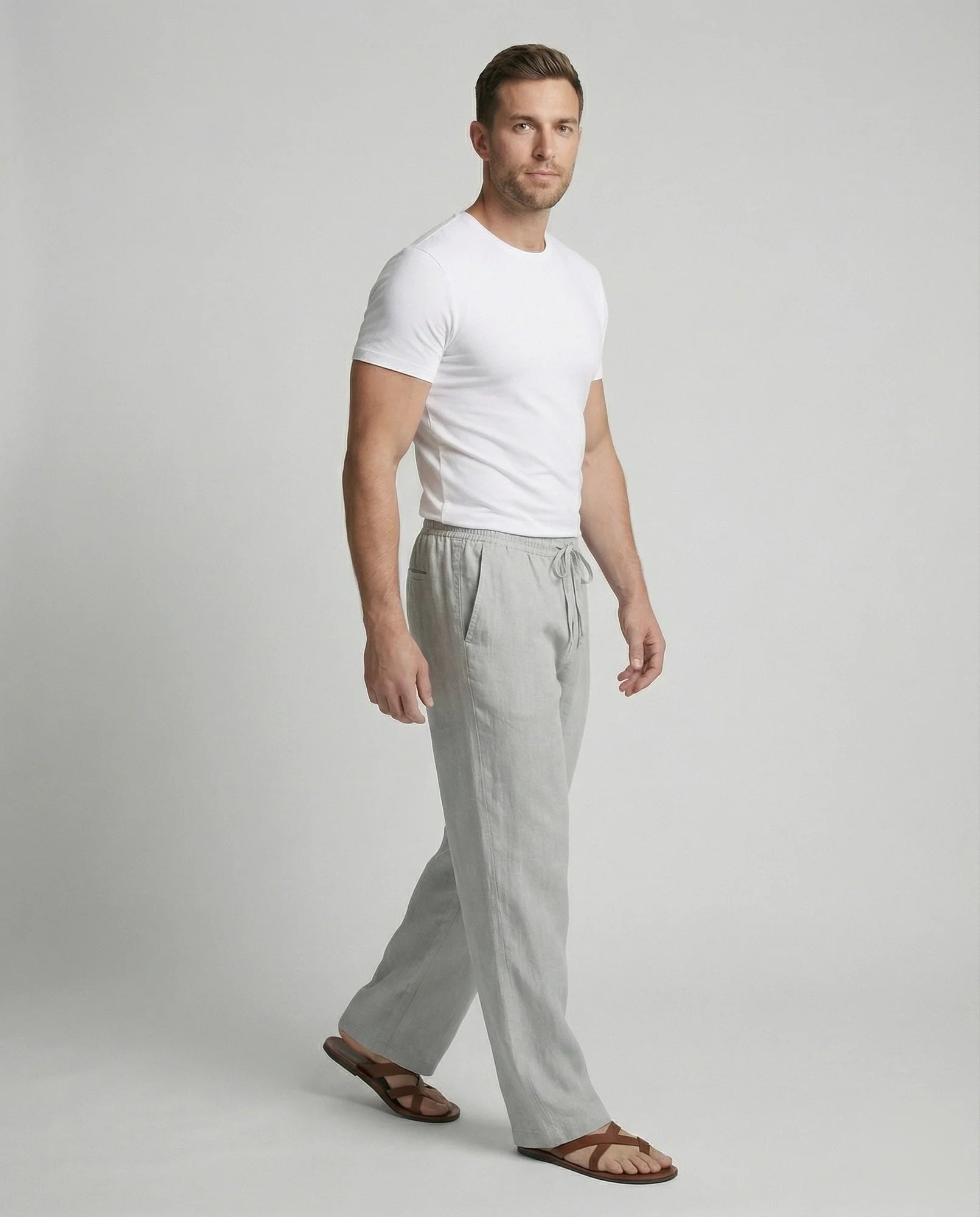 Light Gray Men's Linen Pants with Drawstring Waist - Side Pose