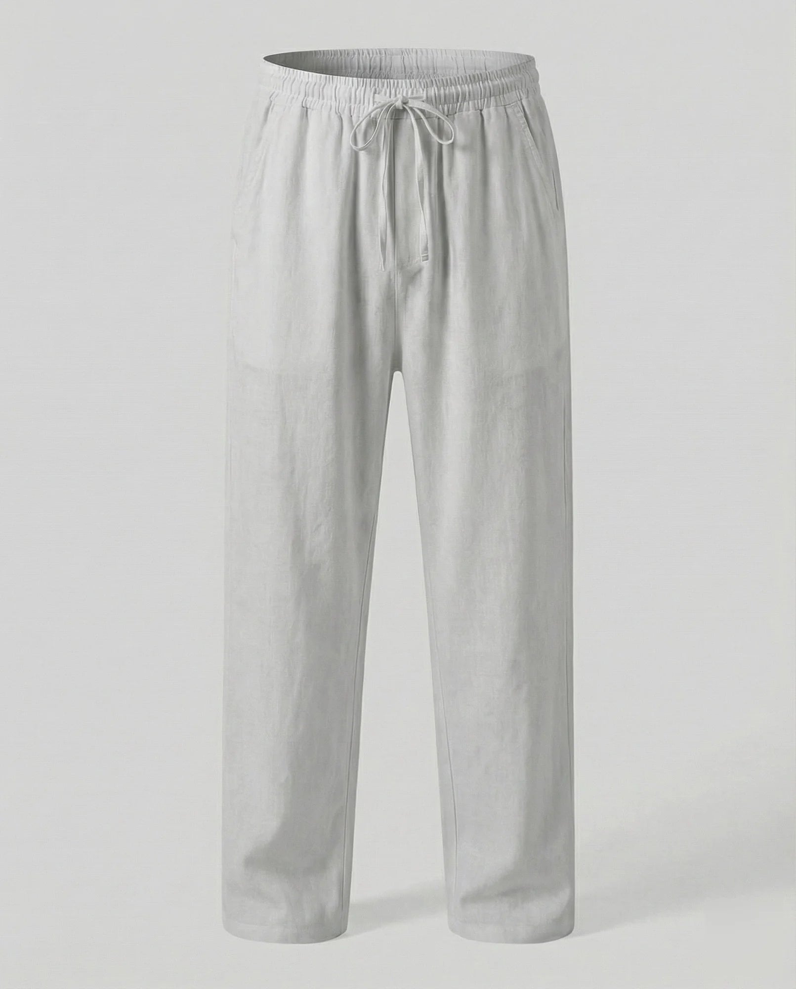 Light Gray Men's Linen Pants with Drawstring Waist - Studio Shot