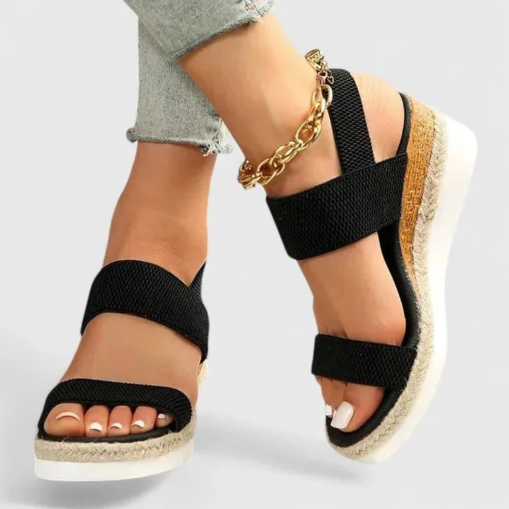Black Women's Platform Sandals — Chelsea Elastic Band Espadrille - Worn Lifestyle