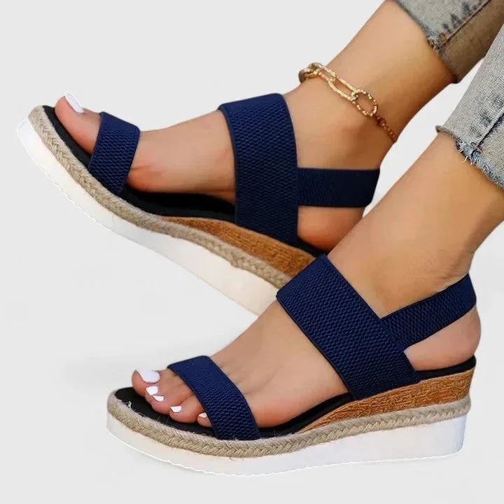 Navy Blue Women's Platform Sandals — Chelsea Elastic Band Espadrille - Chain Detail