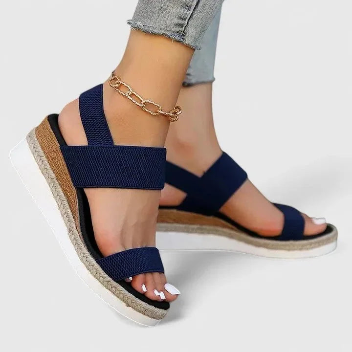 Navy Blue Women's Platform Sandals — Chelsea Elastic Band Espadrille - Gold Chain