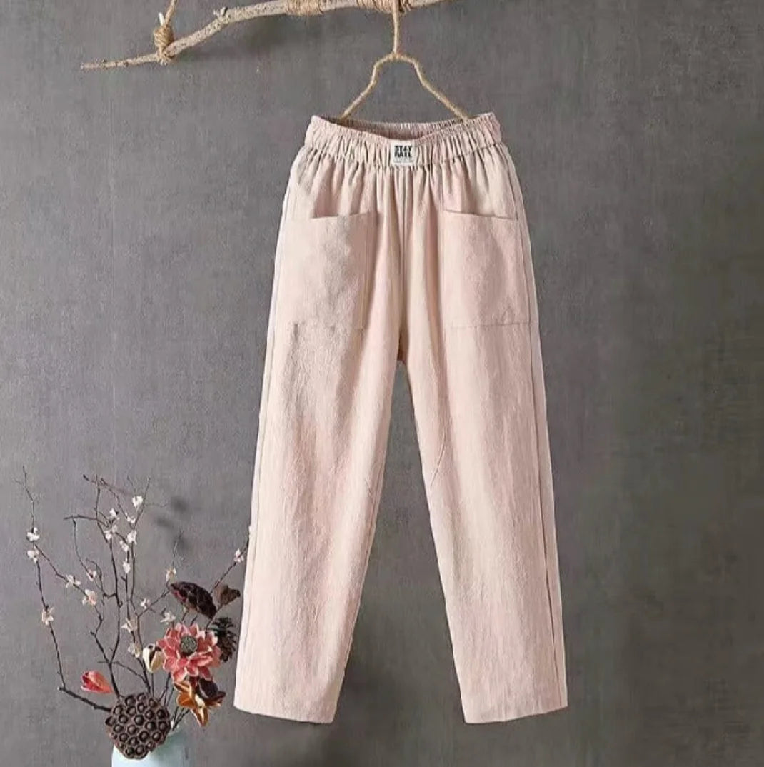 Pink Women's Elastic Waist Pants with Pockets — Camille Linen Breathable Casual - Front Styled