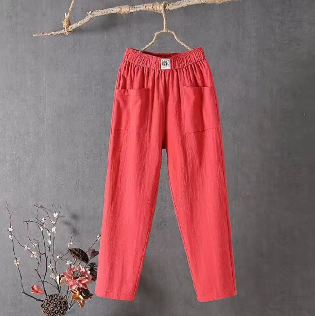 Red Women's Elastic Waist Pants with Pockets — Camille Linen Breathable Casual - Front Hanging