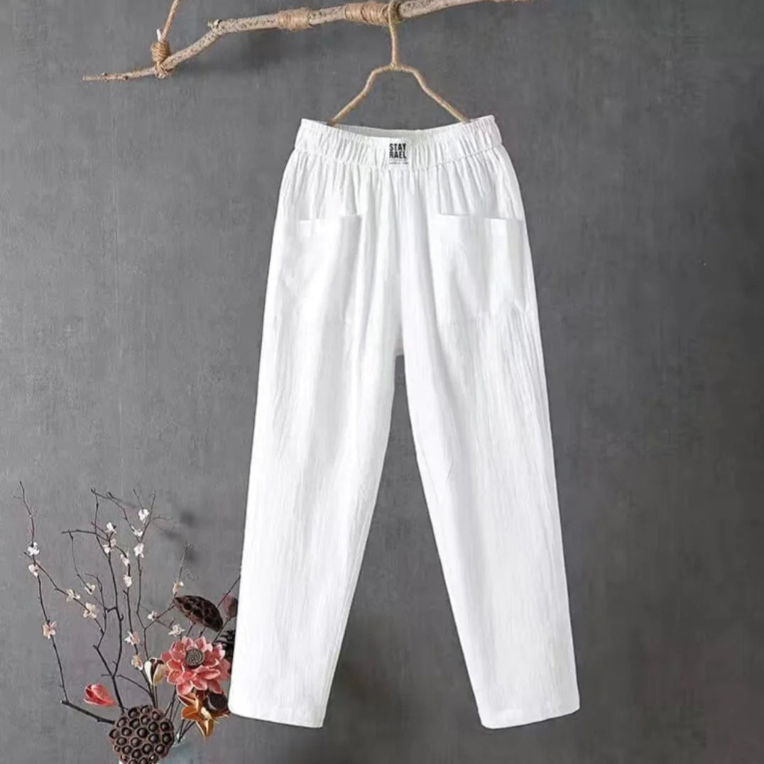 White Women's Elastic Waist Pants with Pockets — Camille Linen Breathable Casual - Front Flat