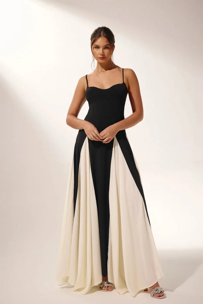 Aria | Elegant Color Block Maxi Slip Dress With Sweetheart Neckline - Black - 9