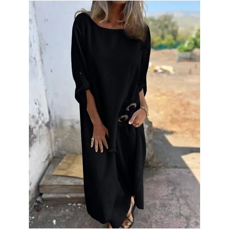 Aurora | Elegant Navy Cotton Linen Maxi Dress With Three Quarter Sleeves - Black - 3