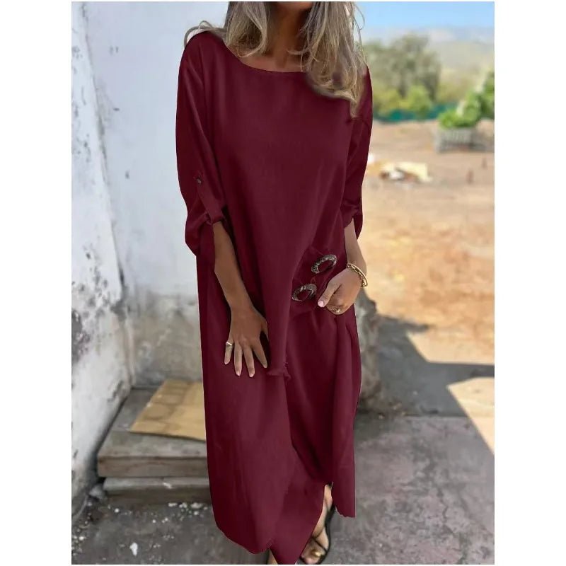 Aurora | Elegant Navy Cotton Linen Maxi Dress With Three Quarter Sleeves - Burgundy - 4