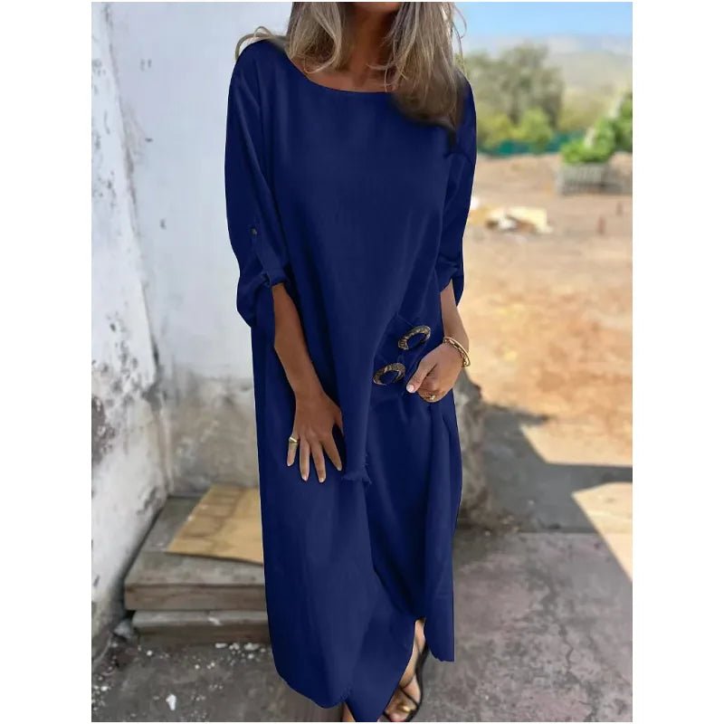 Aurora | Elegant Navy Cotton Linen Maxi Dress With Three Quarter Sleeves - Navy Blue - 1