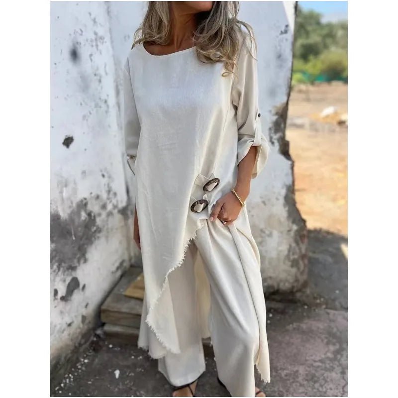 Aurora | Elegant Navy Cotton Linen Maxi Dress With Three Quarter Sleeves - White - 5