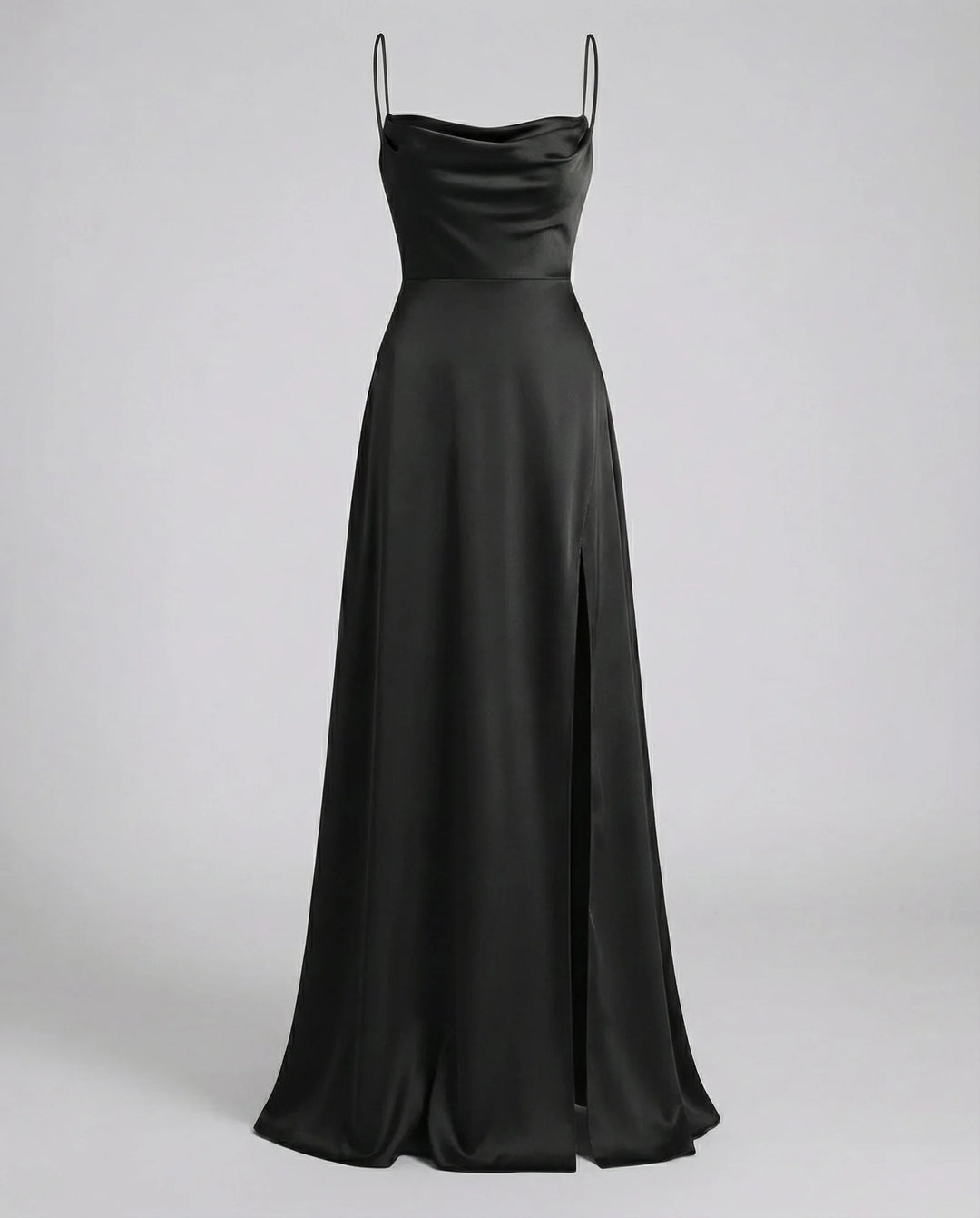 Black Women's Elegant Cowl Neck Maxi Dress — Freya Leg Slit Satin - Evening Front