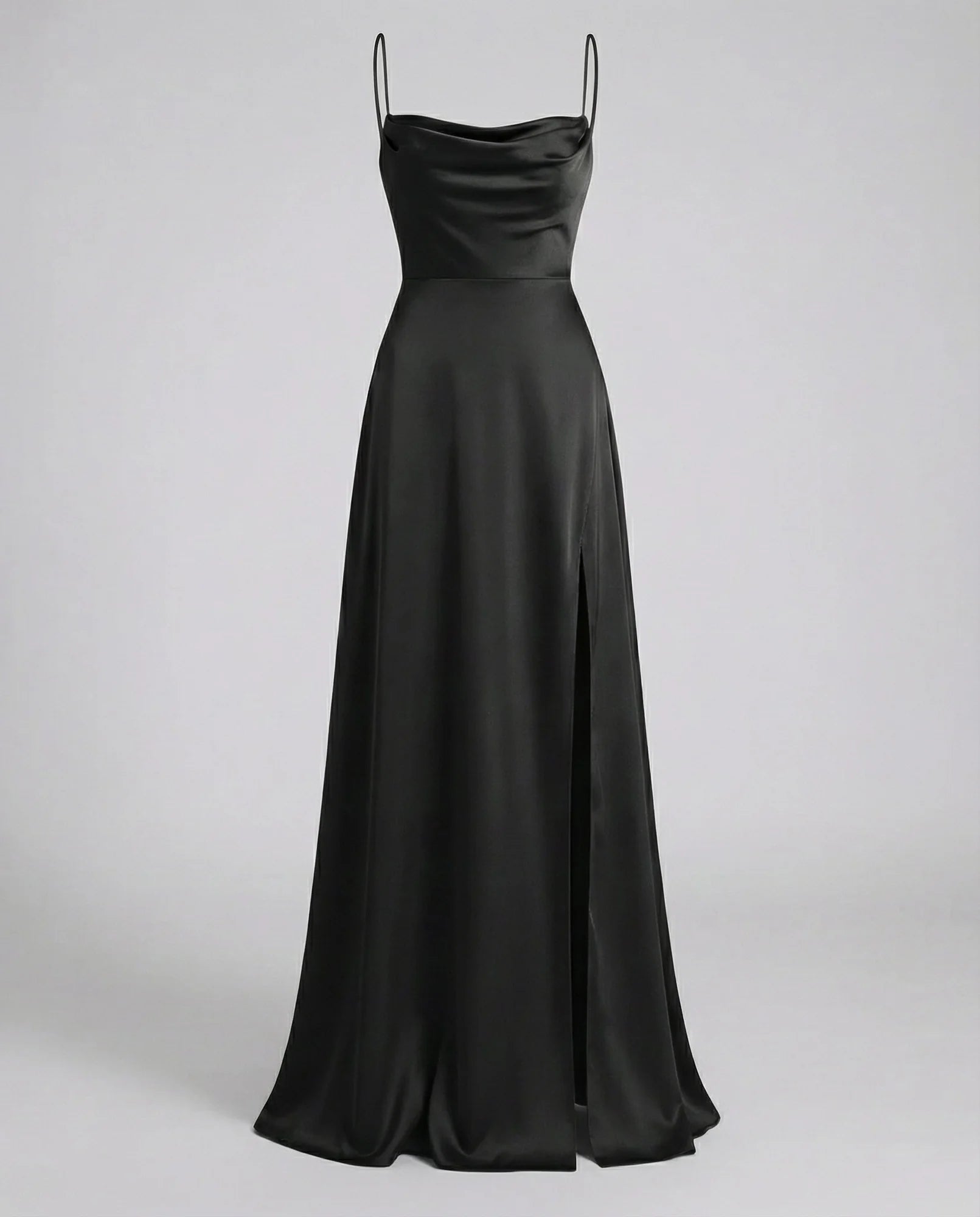 Black Women's Elegant Cowl Neck Maxi Dress — Freya Leg Slit Satin - Evening Front