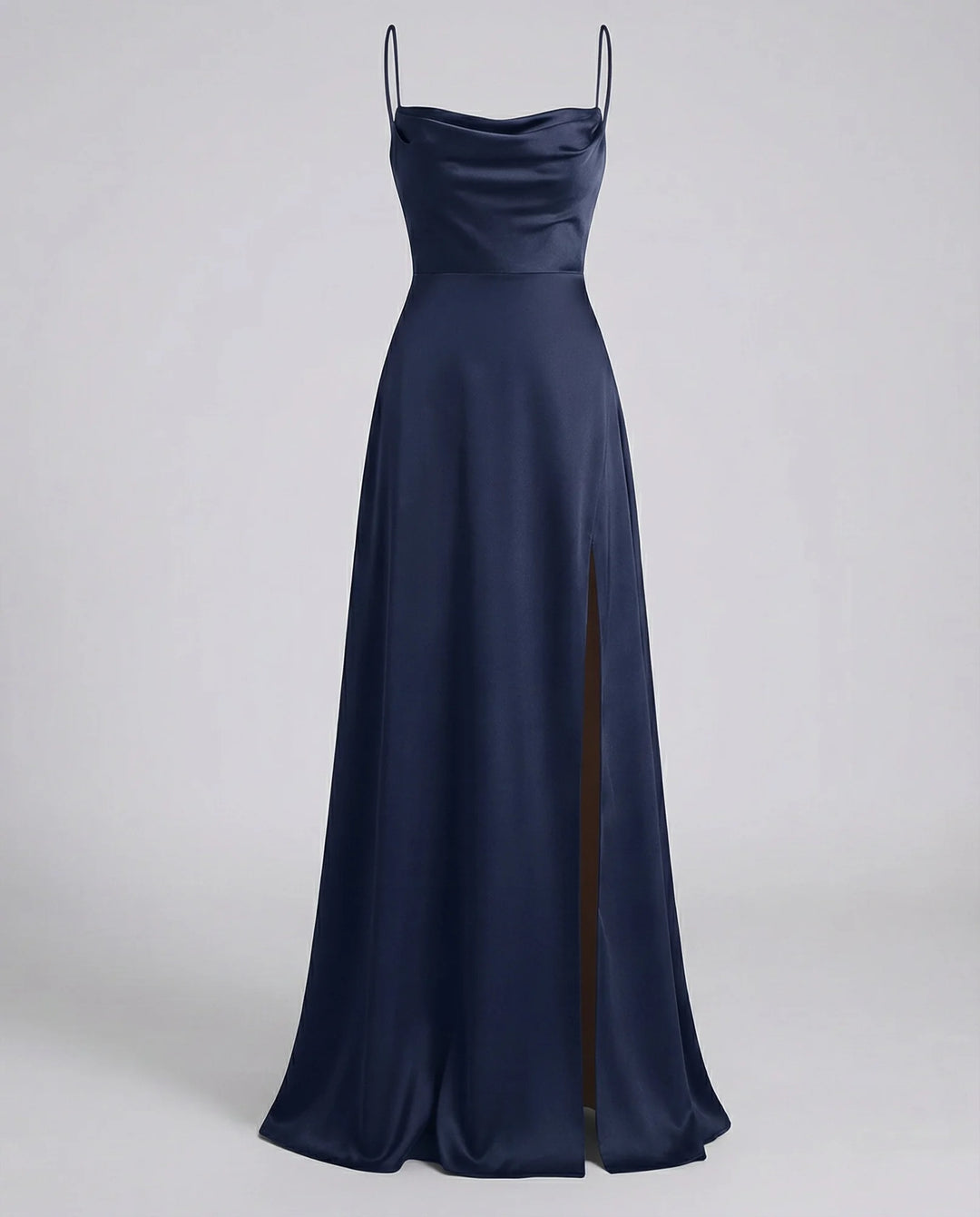 Dark Blue Women's Elegant Cowl Neck Maxi Dress — Freya Leg Slit Satin - Studio Pose