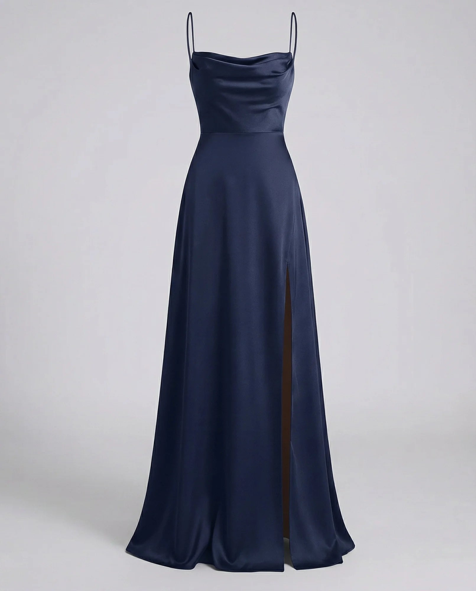 Dark Blue Women's Elegant Cowl Neck Maxi Dress — Freya Leg Slit Satin - Studio Pose