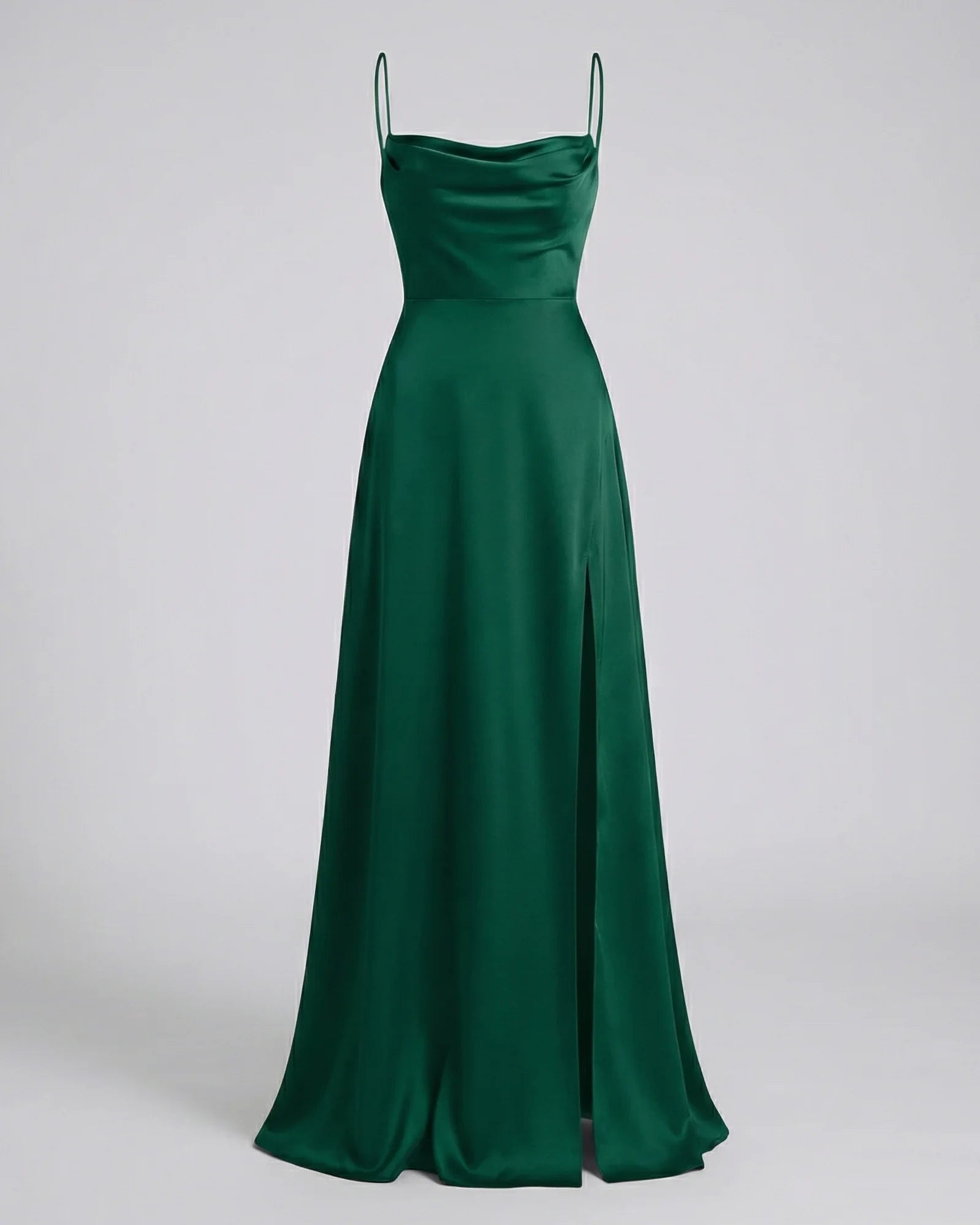 Green Women's Elegant Cowl Neck Maxi Dress — Freya Leg Slit Satin - Formal Front